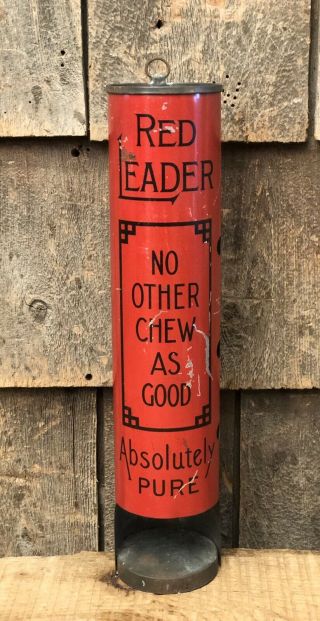 Rare Antique Red Leader Chewing Tobacco Country Store Tin Wall Dispenser Sign