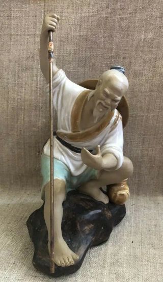 Vintage Glaze Shiwan Chinese Pottery Figurine Mudman Fisherman With Pole