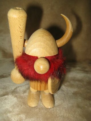 Vintage Mid Century Wood And Fur Viking Figure 5 " W/ Shield And Club Red Beard
