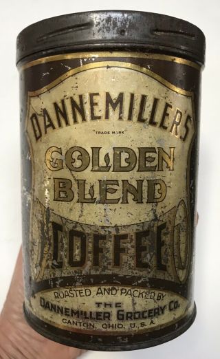 Antique Vintage 1928 Dannemiller’s 1 Pound Tin Can Coffee Screw Top Canton Ohio