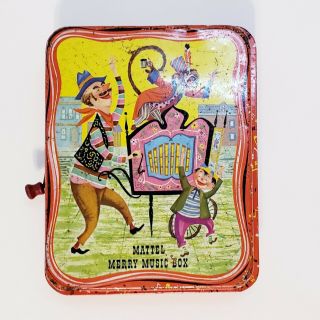 Vintage Mattel Merry Music Box 501 Tin Metal Monkey Organ Grinder 1954