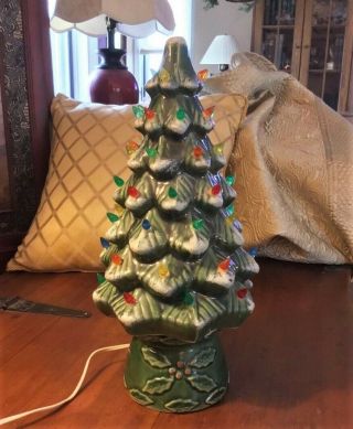 Vintage Snow Flocked 17 Inch Lighted Ceramic Christmas Tree 2 Piece