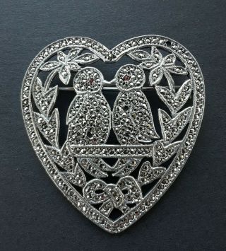 Vintage Sterling Silver & Marcasite Heart Shaped " Lovebirds " Pin/brooch