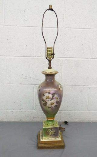 Vintage Green & Purple Ceramic Hand Painted Floral Patterned Table Lamp Great