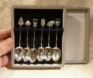 Vintage Sterling Solid Silver Coffee Demitasse Spoons Set Boxed Japanese Figural