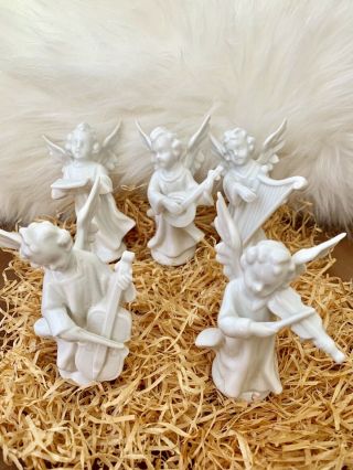 5 Vintage White Ceramic Porcelain Christmas Angels Playing Instruments