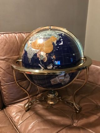 19 " Tall Large Semi - Precious Stone World Globe On Brass Stand With Compass Vgc