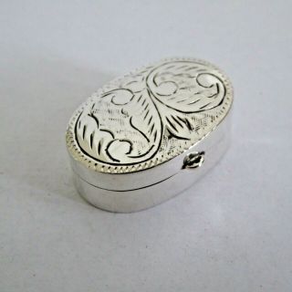 Vintage Solid Silver Pill Box Chased Decoration 925 Sterling Hallmarked 1983