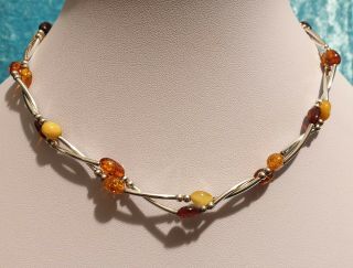 Vintage 925 Sterling Silver And Polished Baltic Amber Bead Necklace