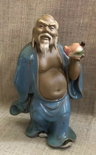 Vintage Glaze Shiwan Chinese Pottery Figurine Mudman Holding Fruit