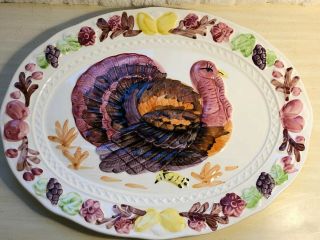 Vintage Jay Imports Hand Painted Thanksgiving Turkey Serving Platter 18” Japan
