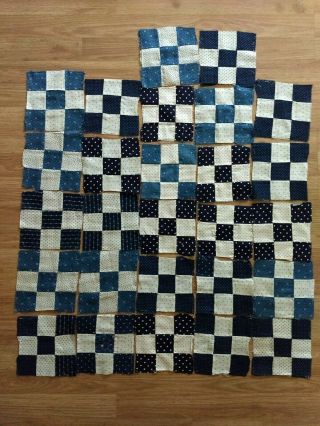 Antique Blue/white " Nine Patch " Quilt Squares (27) Hand Pieced Blocks Indigo