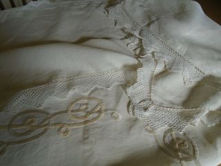 Vintage Hand Embroidered Irish Linen Refectory Tablecloth - Hand Crochet Lace Tr