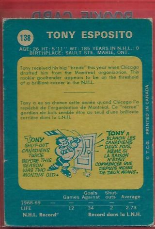 1969 - 70 OPC TONY ESPOSITO 138 ROOKIE RC (CHICAGO BLACK HAWKS) VG - EX Vintage 2
