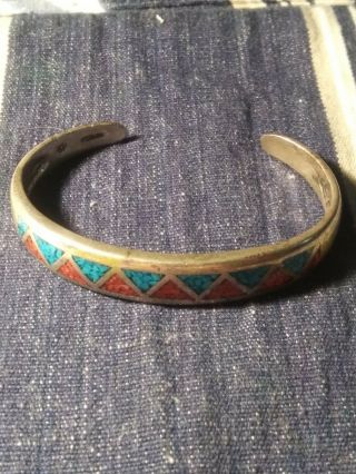 Vintage Sterling Silver Inlay Bracelet Turquoise And Coral,  Unk Maker