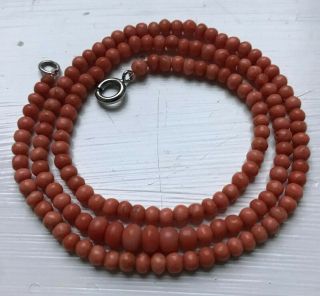 Fine Vintage Natural Coral Bead Necklace W Solid Silver Clasp C1950s