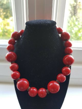 Vintage Cherry Red Bakelite Bead Necklace Simichrome