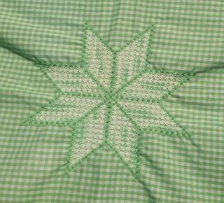 Vintage Gingham Tablecloth Green White Check Fabric Farmhouse Embroidered Star