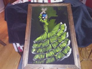 Vintage Black Velvet Painting Flamenco Dancer Wood Frame Mexico