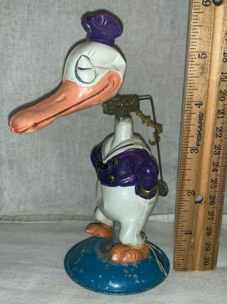 Antique Walt Disney Celluloid Donald Duck Vintage Wind Up Toy Tin Base W/ Tag