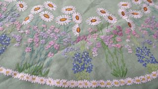 Vintage Green Linen Tablecloth With Hand Embroidered Daisies & Flowers