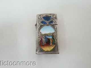 Vintage Italian Etched Silver & Hand - Painted Enamel Lighter W/ Zippo Insert