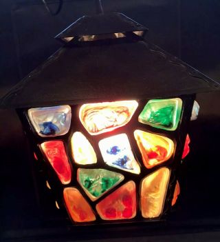 Vintage Wrought Iron Rock Glass Lantern Porch Light 1970’s Outdoor Lamp Retro 2