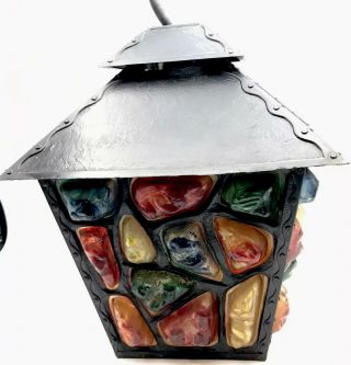 Vintage Wrought Iron Rock Glass Lantern Porch Light 1970’s Outdoor Lamp Retro 3