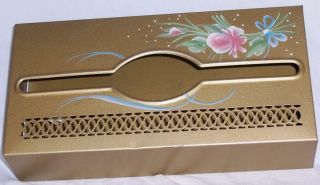 Vintage Lovely Metal Gold With Pink Flower Blue Bow Retro Tissue Box Holder