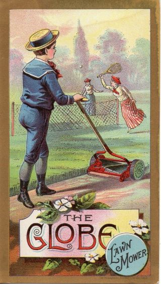 64081 Vintage Victorian Trade Card The Globe Lawn Mower W/ Girls Playing Tennis