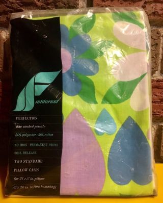 Vintage Fieldcrest Perfection Blue Green Floral Flowers Heart Pillow Cases Mod