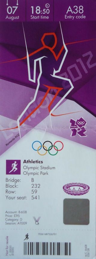 Ticket Olympia Olympics London 7.  8.  2012 Leichtathletik Athletics A38