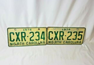Matching Set Of 2 Vintage 1974 North Carolina Sequence License Plates Tags
