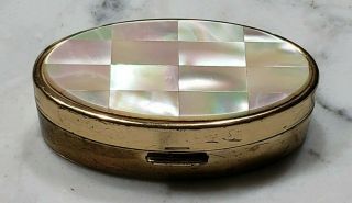 Vintage 1950s Max Factor Mother Of Pearl Brass Lipstick Holder Mirror Compact