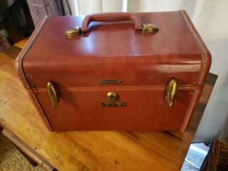 Vintage Samsonite Brown Faux Leather Train Case W/tray & Mirror No Key