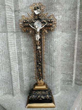 Antique Altar Standing Gild Wood Filigree Cross Crucifix Metal Jesus Holy Lamb