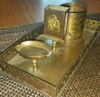 Handsome Vintage Solid Etched Brass Smoke Stand Cigarette Matchbox Ashtray