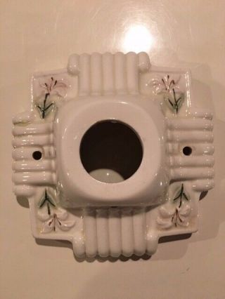 Vintage Ceramic Light Fixture Cover Square Ribbed Hand Painted Lillies Mcm