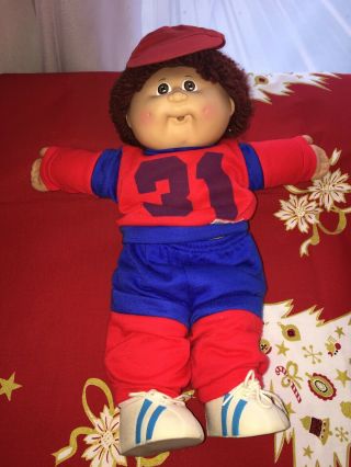 Vintage 1985 Cabbage Patch Kid Boy Doll With Red Jersey And Auburn Curls Shoes