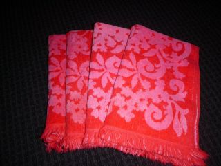 Set Of 4 Vtg Mid Century Red W/ Pink Floral Design Hand Towels No Tag