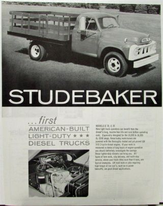 1960 Studebaker Ld Diesel Trucks Models E15 & E25 Sales Data Sheet
