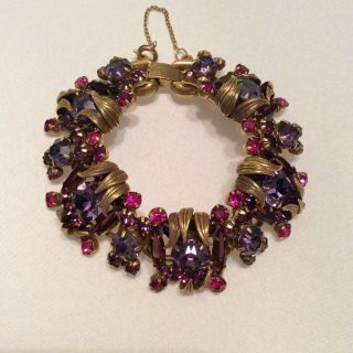 Vintage Juliana 5 Link Bracelet - Purple And Red Stones,  Gold Leaf Detailing