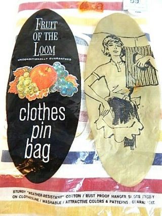 Nos Vintage Us Mid Century Fruit Of The Loom Striped Clothes Pin Bag Line Drying