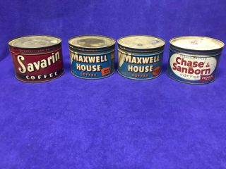 4 Vintage 1 Ib Coffee Cans - Savarin,  Maxwell House And Chase & Sanborn Coffee