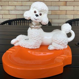 Vintage Large Orange Ceramic White Poodle Figurine Dog Ashtray