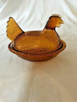 Vintage Amber Glass Rooster/hen On Nest Covered Candy Dish Approx 7 " X 5 " X 5 "
