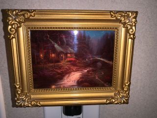 Vintage Gold Framed Lighted Picture Animated Light Up Cabin Water Mountain Sce