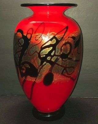 Nourot Studio Art Glass Vase Red Black Gold Inclusions Signed Dated & Numbered