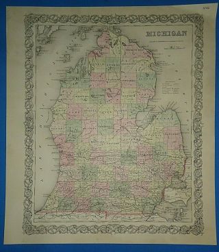 Vintage 1856 Michigan Map Old Antique Colton 