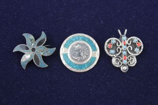 3 X Vintage.  925 Sterling Silver Mexico Gemstone Brooches Inc.  Taxco (30g)
